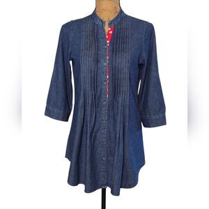 ZOVI Denim Button-Up Tunic Top 3/4 Sleeve Red Heart Trim Sz Medium